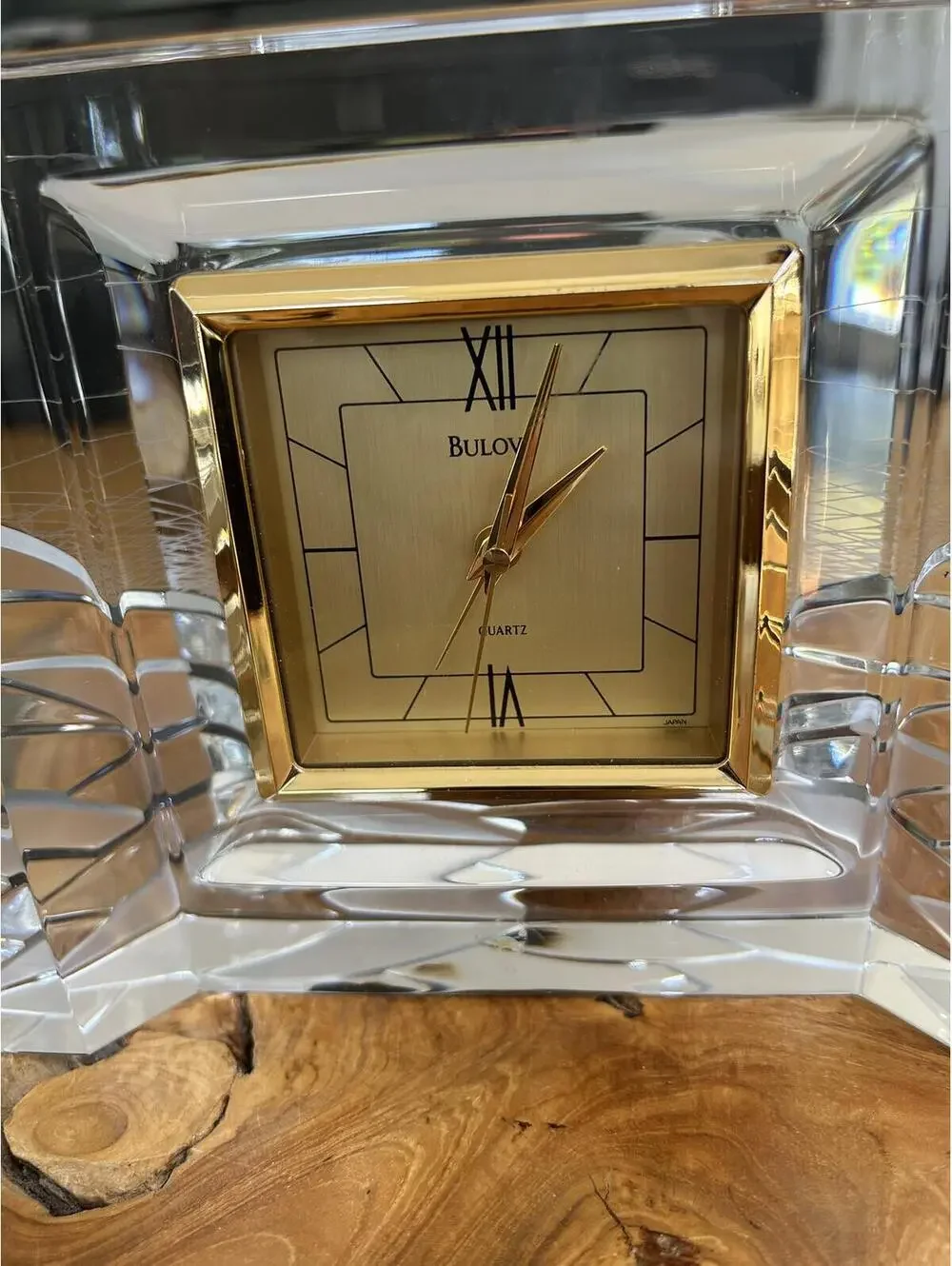Bulova HOYA Crystal Mantel Clock with Gold Tone Face Japan Quartz